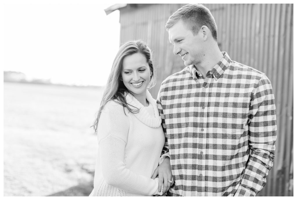 Fall engagement session on the Eastern Shore, Va. Black and white photo.