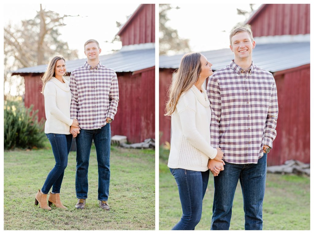 Fall engagement session on the Eastern Shore, Va. Couple in front of a red barn.