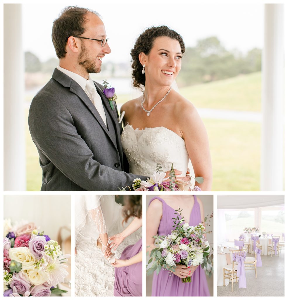 Rainy day wedding with accents with purple and lilac.