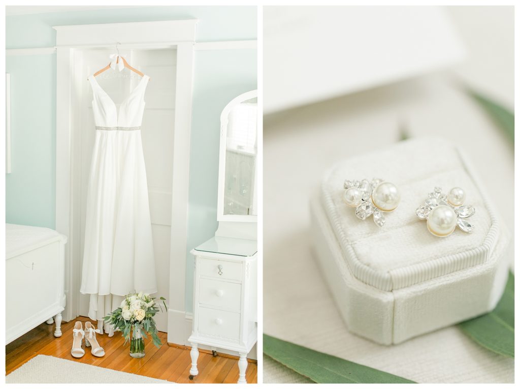 Bridal gown and pearl earrings.