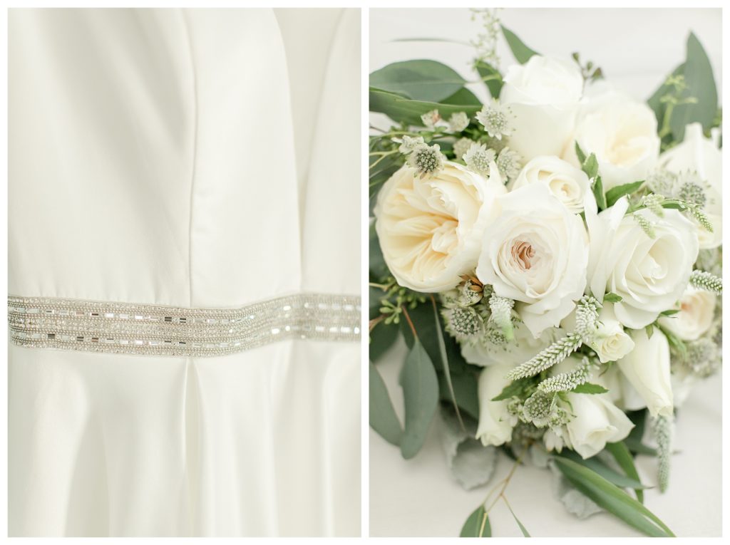 White rose forward bridal bouquet and rhinestone waistline.