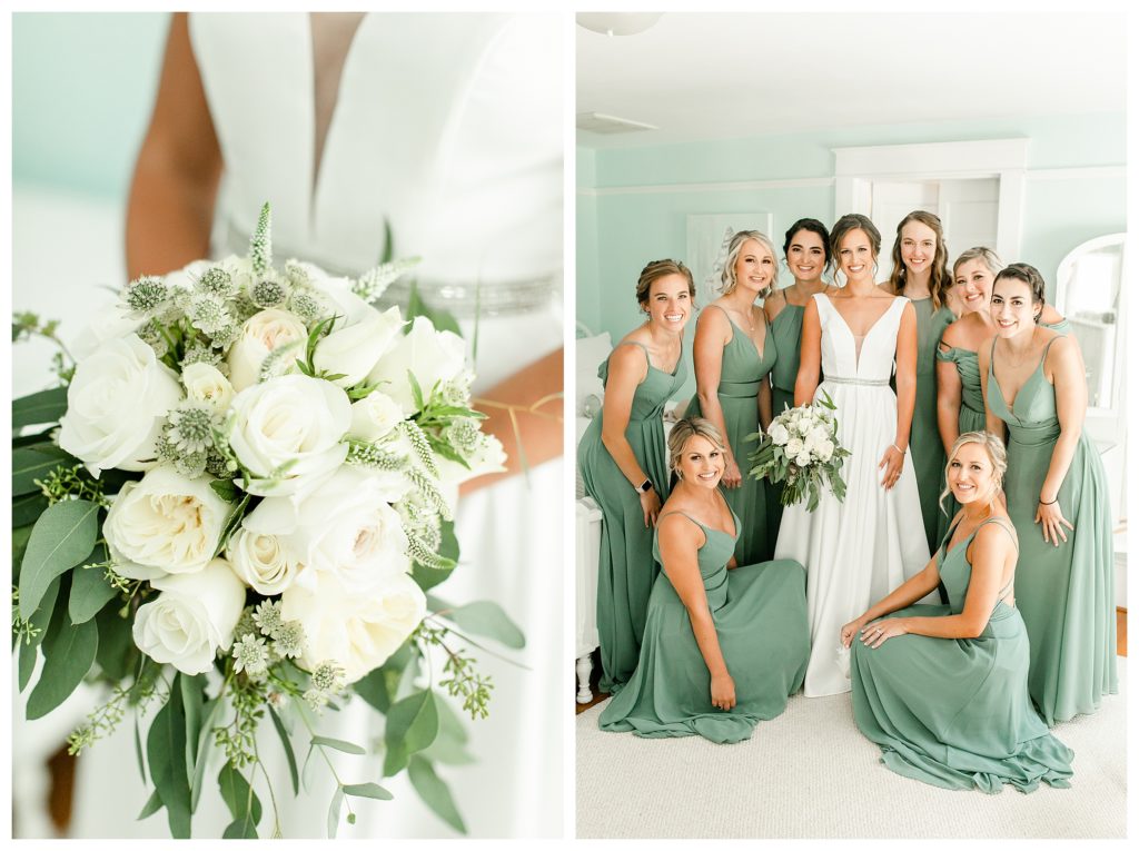 Virginia bride getting ready with bridesmaids wearing sage green dresses.