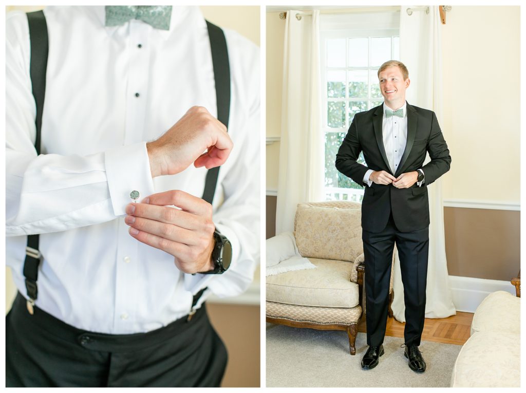 Virginia groom getting ready in black tuxedo.