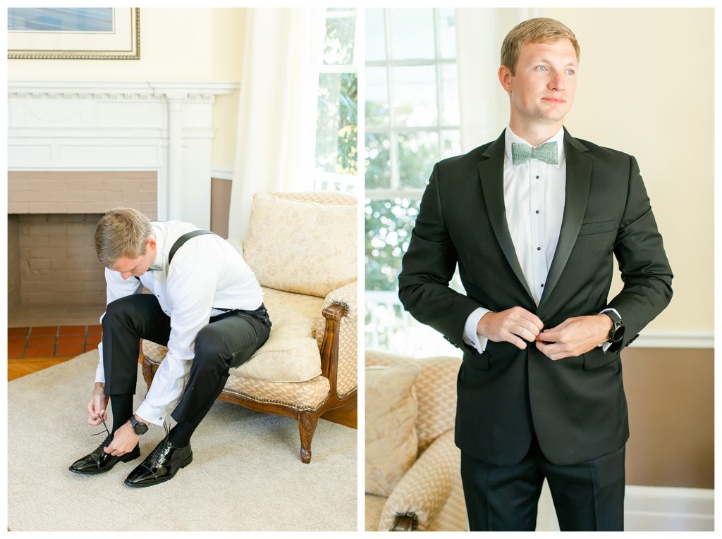 Virginia groom getting ready in black tuxedo.
