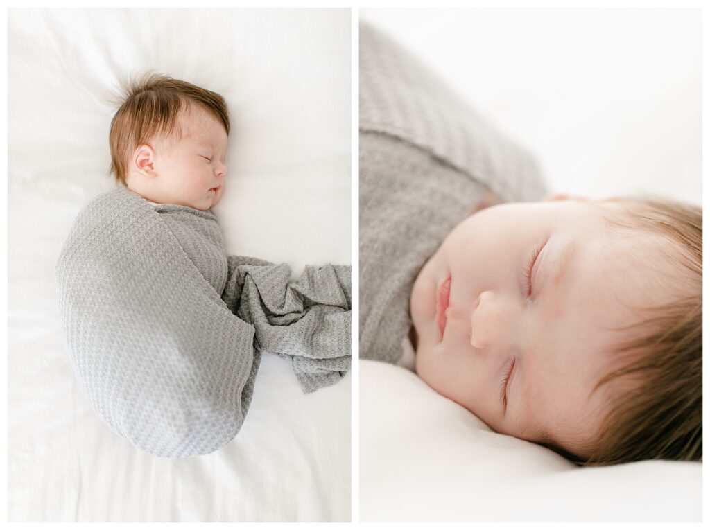 In home newborn portrait session, natural posing.
