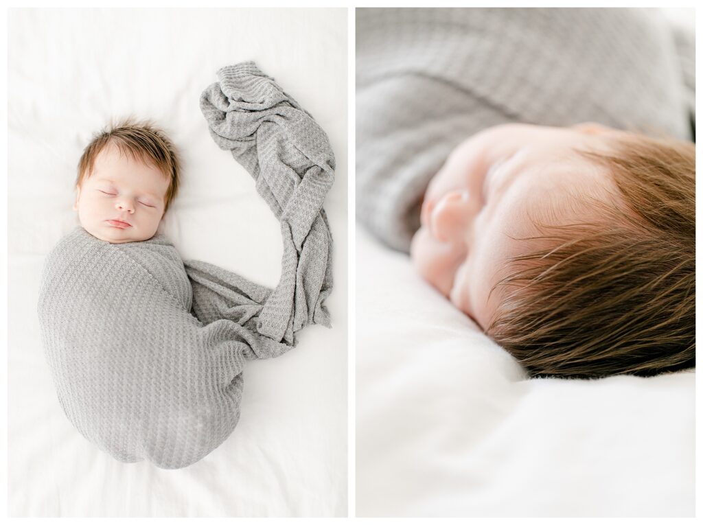 In home newborn portrait session, natural posing.