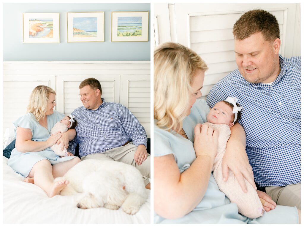 In home newborn portrait session, natural posing with Mom and Dad.