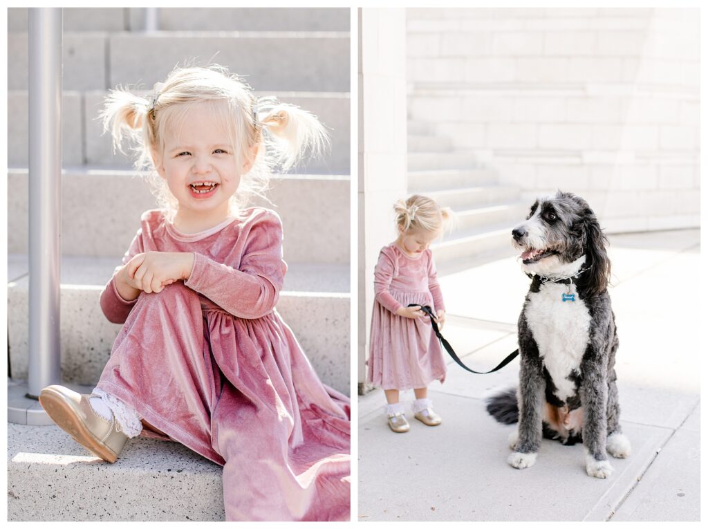 Family portraits in Town Center Virginia Beach with family dog.