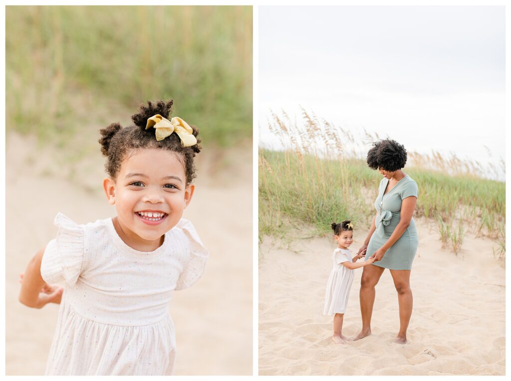 Family beach portraits in Virginia beach with a family of four. Mom and daughter.